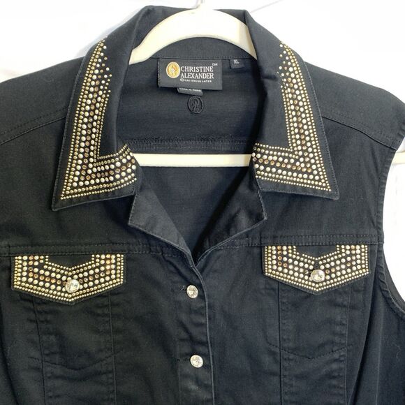 Christine Alexander XL Black Western Vest Rhinestone Studded Crystal Buttons - Picture 3 of 9